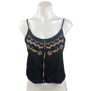 Love Squared Black Floral Embroidered Cami Camisole Boho Hippie Tank Top Size M